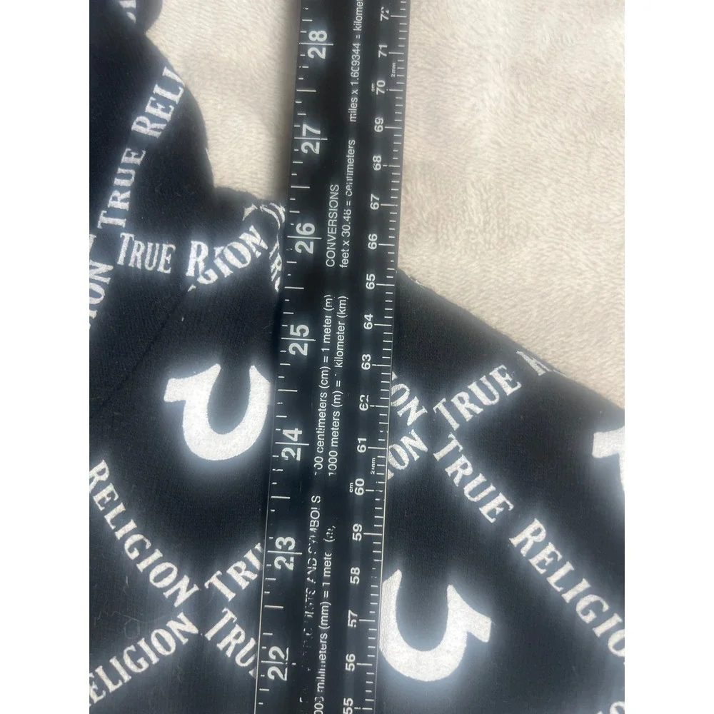 True Religion Mens Black White All Over Logo Print Pullover Hoodie Size Large